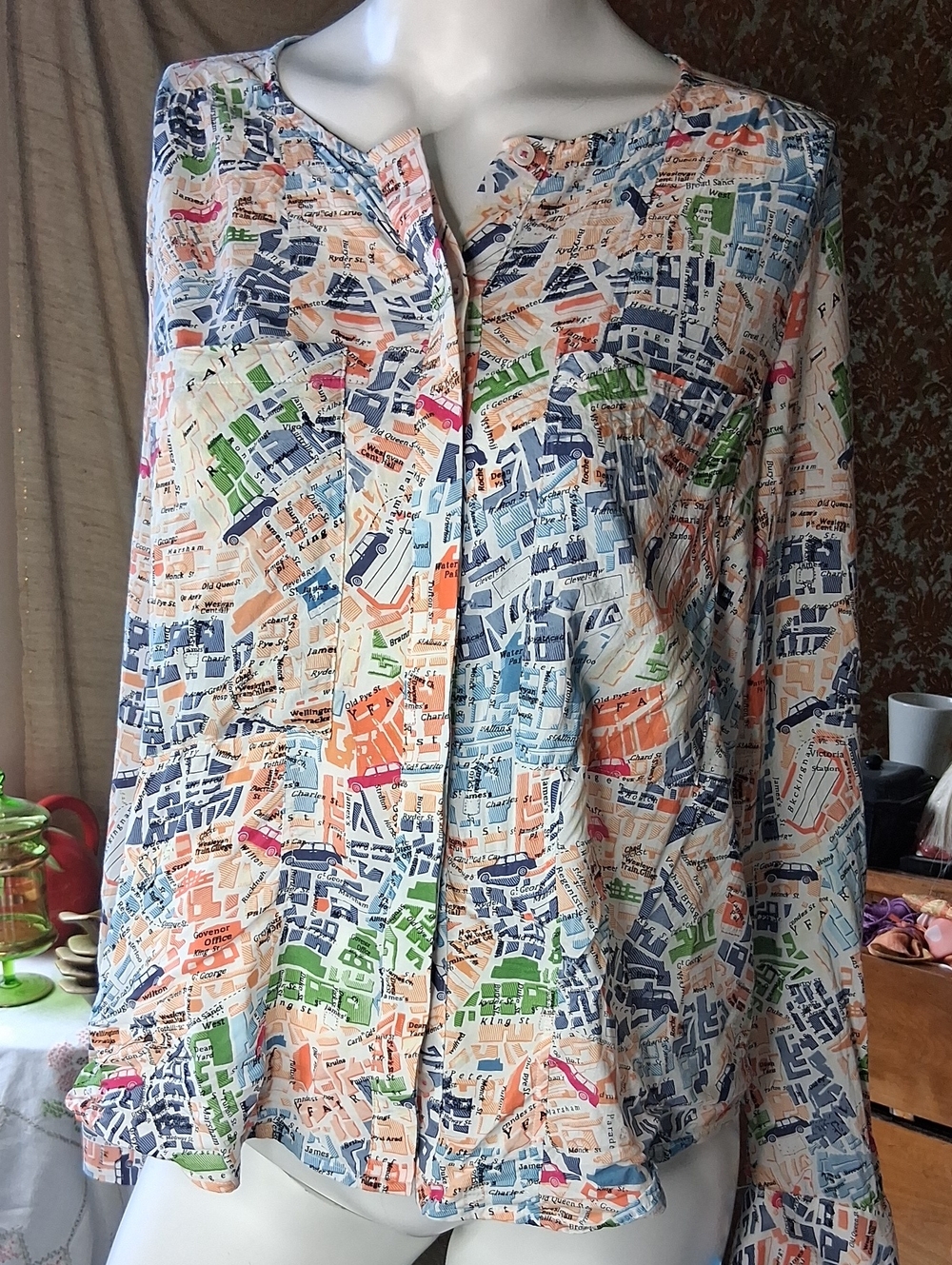 Maeve london map , long sleeve button up shirt with pockets and slit In Back 8